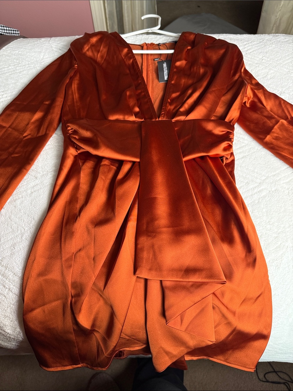 PrettyLittleThing Burnt Orange Satin Long Sleeve Wrap Dress